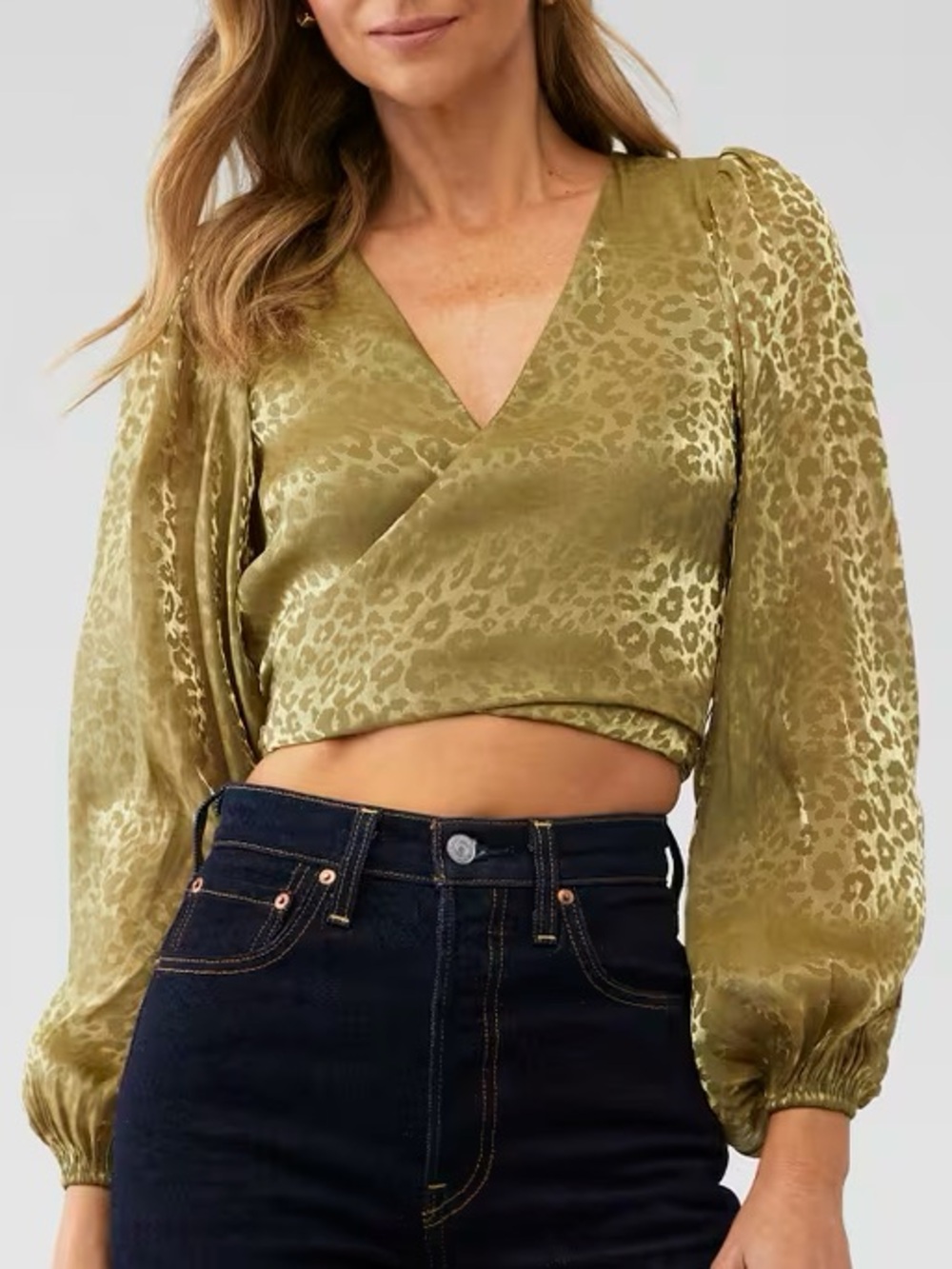 Show Me Your MuMu Olive Green Satin Leopard Wrap Crop Top